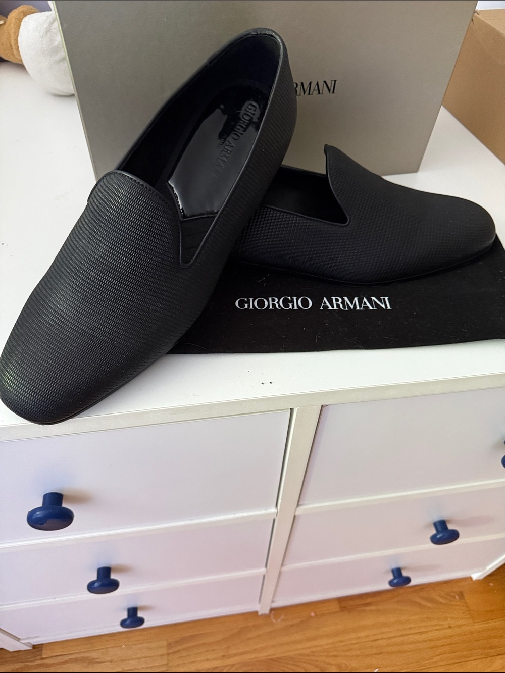 Giorgio Armani Black Textured Slip-On Loafers